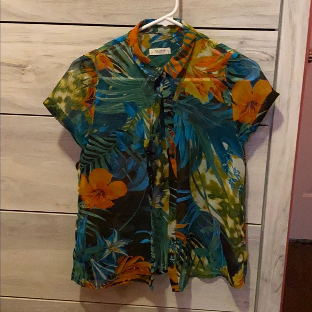 Floral sheer button up